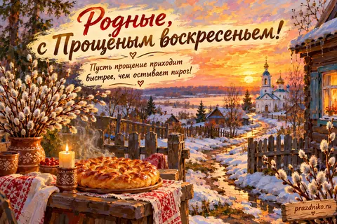 Открытка «Прощёное воскресенье» — родителям: Родные, с Прощёным воскресеньем!
Пусть прощение приходит быстрее, чем остывает пирог!