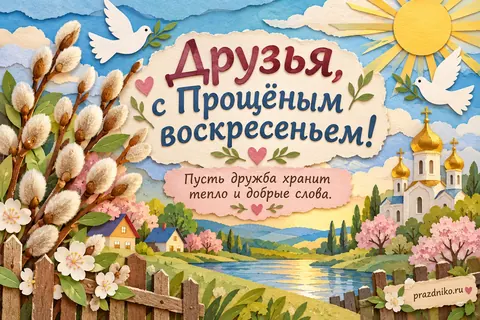 Открытка «Прощёное воскресенье» — друзьям: Друзья, с Прощёным воскресеньем!
Пусть дружба хранит тепло и добрые слова.