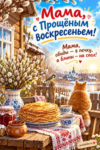 Открытка «Прощёное воскресенье» — маме: Мама, с Прощёным воскресеньем!
Мама, обиды — в печку, а блины — на спол!