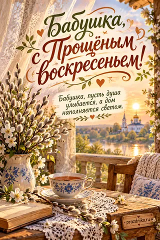Открытка «Прощёное воскресенье» — бабушке: Бабушка, с Прощёным воскресеньем!
Бабушка, пусть душа улыбается, а дом наполняется светом.