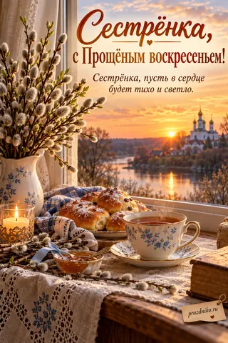 Открытка «Прощёное воскресенье» — сестре: Сестрёнка, с Прощёным воскресеньем!
Сестрёнка, пусть в сердце будет тихо и светло.