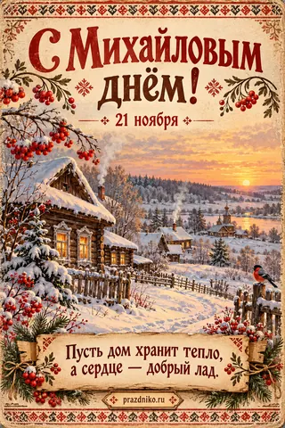 Открытка «Собор Архистратига Михаила»: С Михайловым днём!
21 ноября
Пусть дом хранит тепло, а сердце — добрый лад.