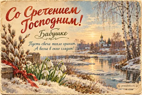 Открытка «Сретение Господне» — бабушке: Со Сретением Господним!
Бабушке
Пусть свеча тепло хранит,
А весна в окно глядит!
prazdniko.ru