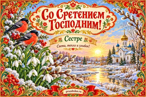 Открытка «Сретение Господне» — сестре: Со Сретением Господним!
Сестре
Света, тепла и улыбок!
prazdniko.ru