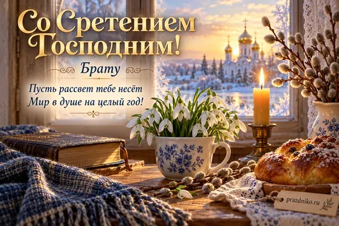 Открытка «Сретение Господне» — брату: Со Сретением Господним!
Брату
Пусть рассвет тебе несёт
Мир в душе на целый год!
prazdniko.ru