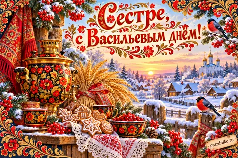 Открытка «Васильев день» — сестре: Сестре,
с Васильевым днём!