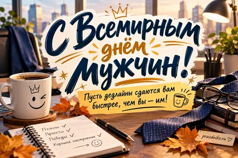Открытка «Всемирный день мужчин» — мужчинам: С Всемирным днём мужчин!
Пусть дедлайны сдаются вам быстрее, чем вы — им!
Планы ✓
Проекты ✓
Победы ✓
Хорошее настроение →