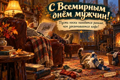 Открытка «Всемирный день мужчин» — мужчинам: С Всемирным днём мужчин!
Пусть носки находятся раньше, чем заканчивается кофе!