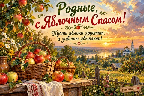 Открытка «Яблочный Спас (Преображение Господне)»: Родные, с Яблочным Спасом!
Пусть яблоки хрустят, а заботы убывают!
prazdniko.ru