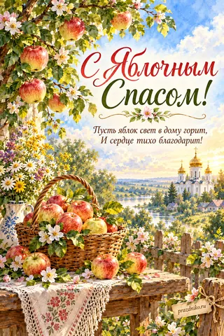 Открытка «Яблочный Спас (Преображение Господне)»: С Яблочным Спасом!
Пусть яблок свет в дому горит,
И сердце тихо благодарит!
prazdniko.ru