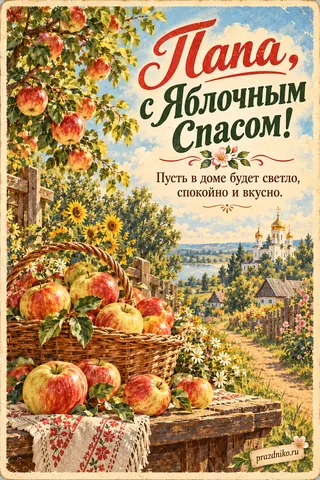 Открытка «Яблочный Спас (Преображение Господне)» — папе: Папа, с Яблочным Спасом!
Пусть в доме будет светло, спокойно и вкусно.