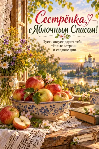 Открытка «Яблочный Спас (Преображение Господне)» — сестре: Сестрёнка, с Яблочным Спасом!
Пусть август дарит тебе тёплые встречи и сладкие дни.